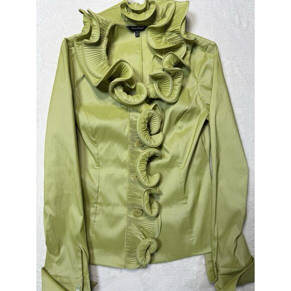 Samuel Dong Green Taffeta Stretch Ruffled Long Sleeve Flip Cuff Formal Top Sz SM - Picture 1 of 7